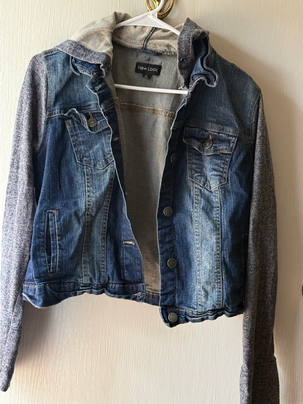 New Look Blue Denim Jacket with Gray Knit Sleeves